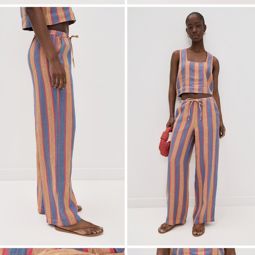 Striped Wide-Leg Linen-Blend Pants in Blue and Pink